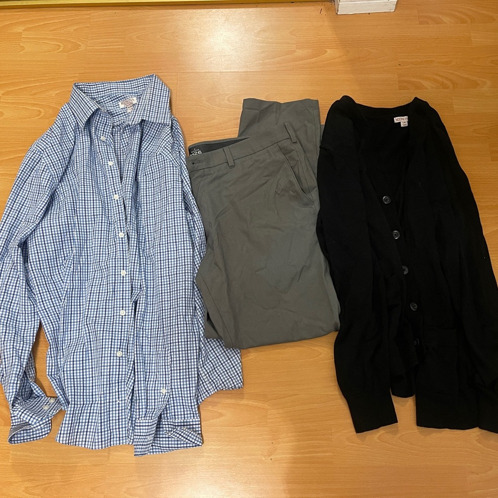 Dress outfit Merona Blue Checkered Shirt Haggar h26 Gray Pants Black Cardigan